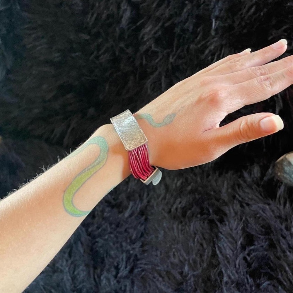 Sterling Silver Red Genuine Leather Thick Cuff Bracelet Artisan Industrial Edgy